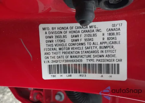 2017 Honda Civic Ex-T из США, поврежденный, VIN 2HGFC1F3XHH643439